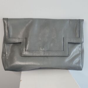Margolin Sleek Gray Leather Clutch with Geometric Design